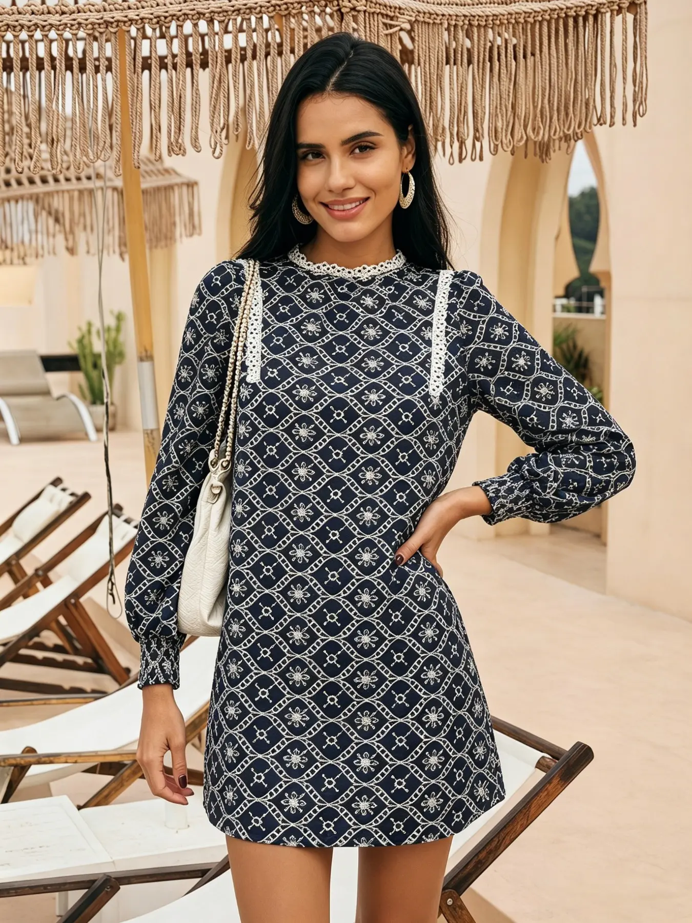 Spring Summer Elegant Rhombus Embroidery Dress, Delicate Lace Collar, Loose Fit Long Sleeve, Youthful Short Skirt, Korean Style