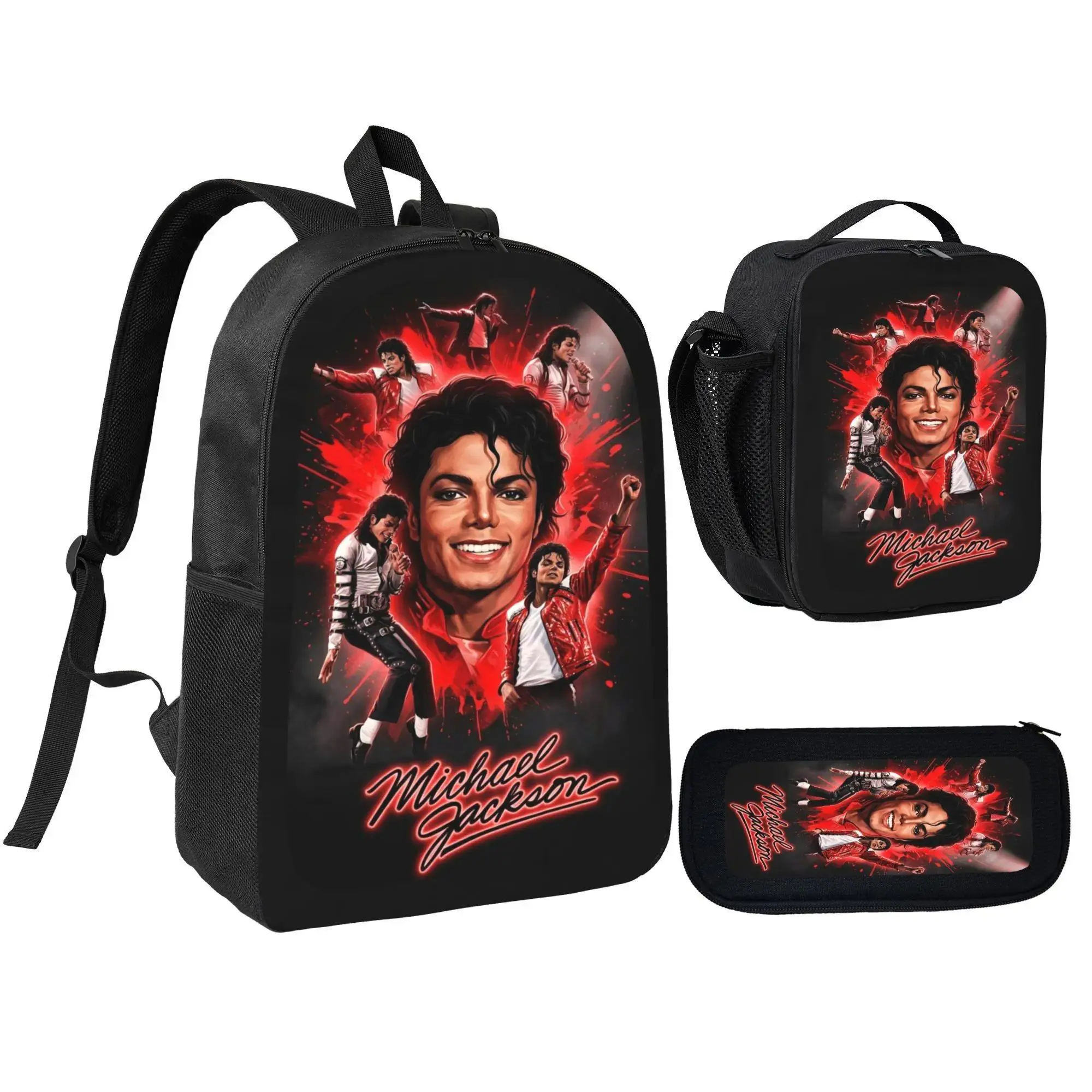 3Pcs Unisex backpack with lunch bag and pencil box, fashionable Michael Jackson Print backpack set for kids teens, school bag for girls boys, Casual, Daily Commuting, and Sports Essentials, Perfect Gift