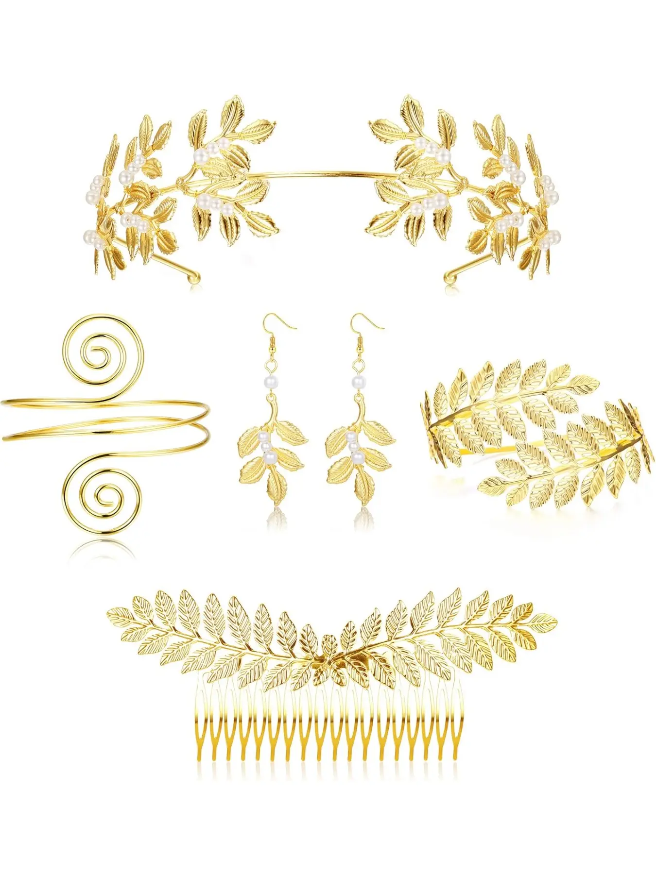 5Sets Grecian Goddess Costume Accessories Set Greek Leaf Headband Coil Bracelet Artificial Pearl Earrings Golden Leaves Bridal Hair Comb Bridal Wedding Jewelry for Women Wedding Party
