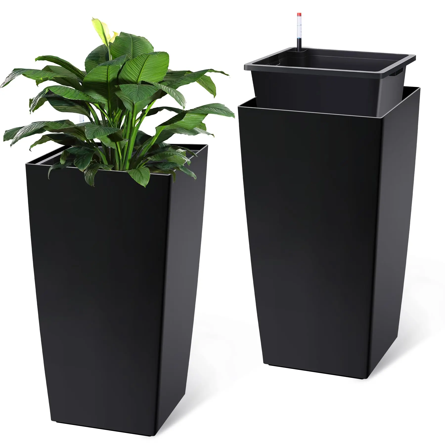 2-Pack Self-Watering Planter, 30 Inch Tall PP Plastic, Large Water Storage, Durable Low-Maintenance Pot for Indoor Garden
