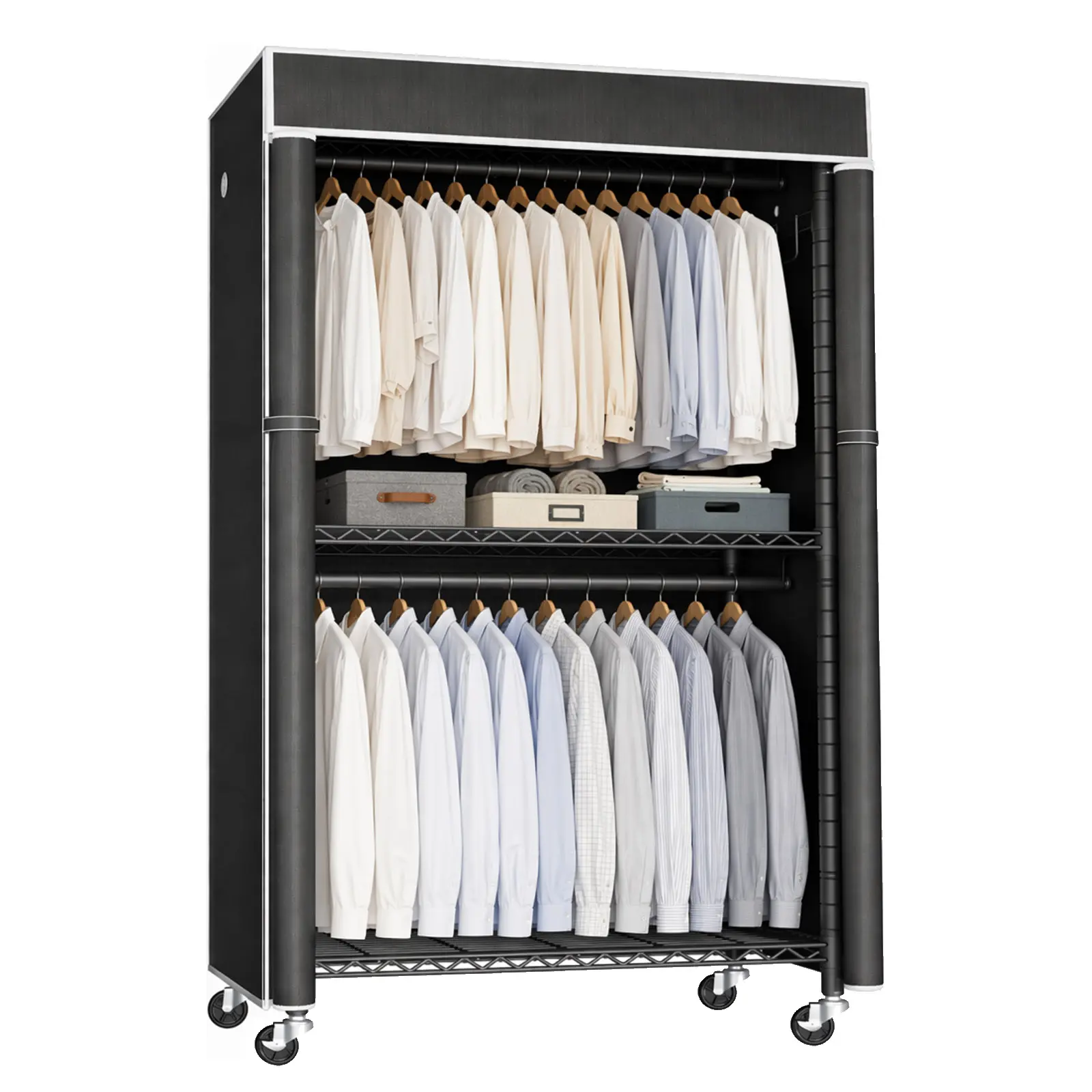 ARCH Freestanding Garment Rack with Dust Cover, Single Hanging Rod Metal Clothes Closet with Storage Shelf, Side Hooks & Rolling Wheels, Portable Clothing Wardrobe Organizer for Bedroom Storage, Black Iron, Black Color Options, Iron Material, Modern, 12.7