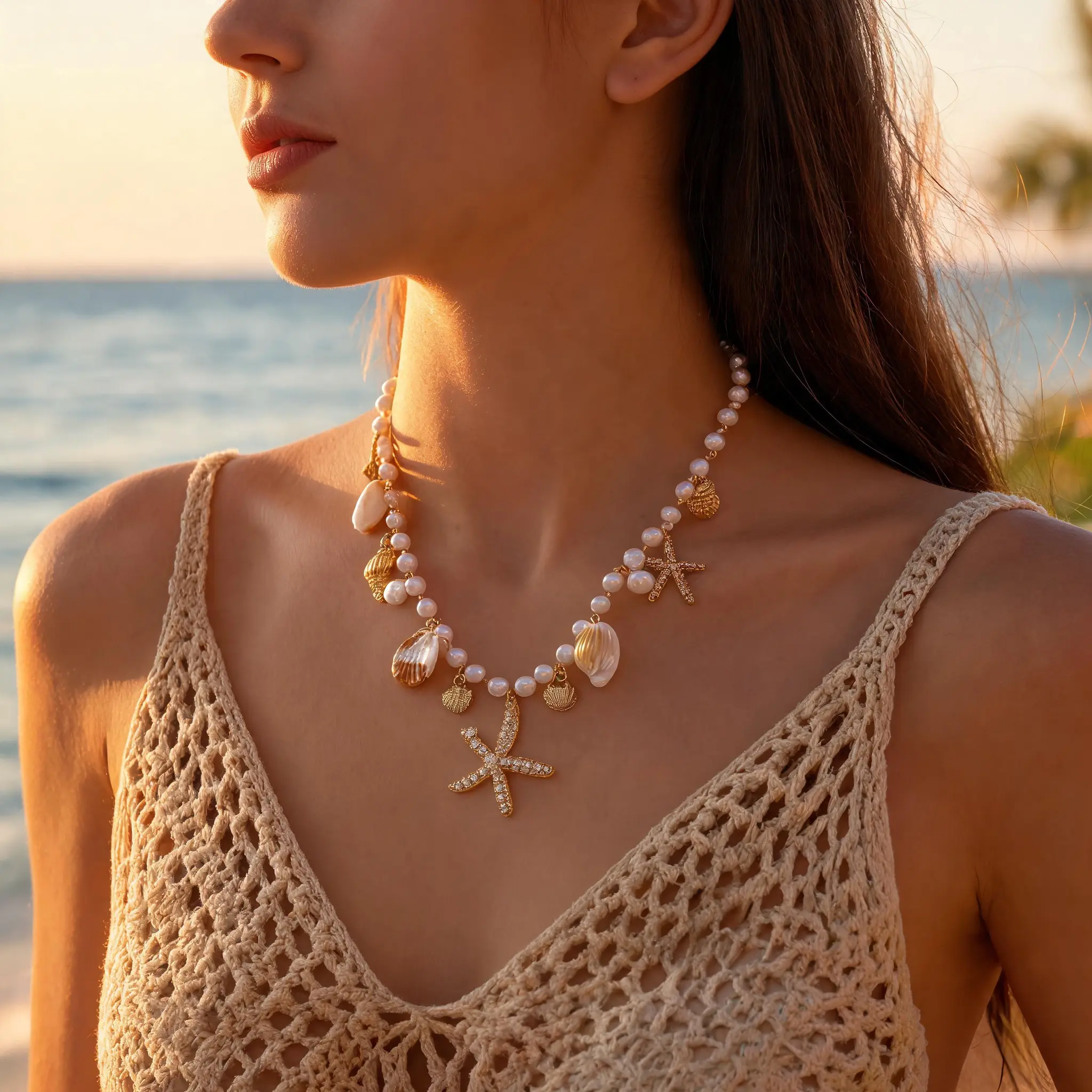 Women's Gold-Tone Faux Pearl Spiral Conch Seashell Necklace - Boho Coastal Starfish Charm Pendant with Matching Cowrie Shell Bracelet for Beach Vacation Beachwear Vintage Jewelry, Seashells, Matching Bracelet, Sea Pearl Necklace, Accessory Necklace