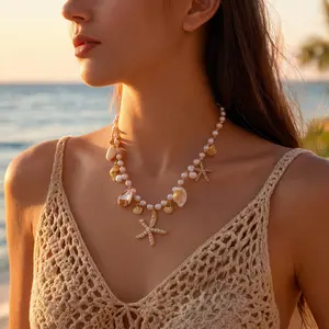 Women's Bohemian 2-in-1 Beach Shell Bracelet-Anklet, Starfish Embellished Baroque Pearl Seashells Necklaces, Summer Costume Jewelry for Beach Parties, Vacations