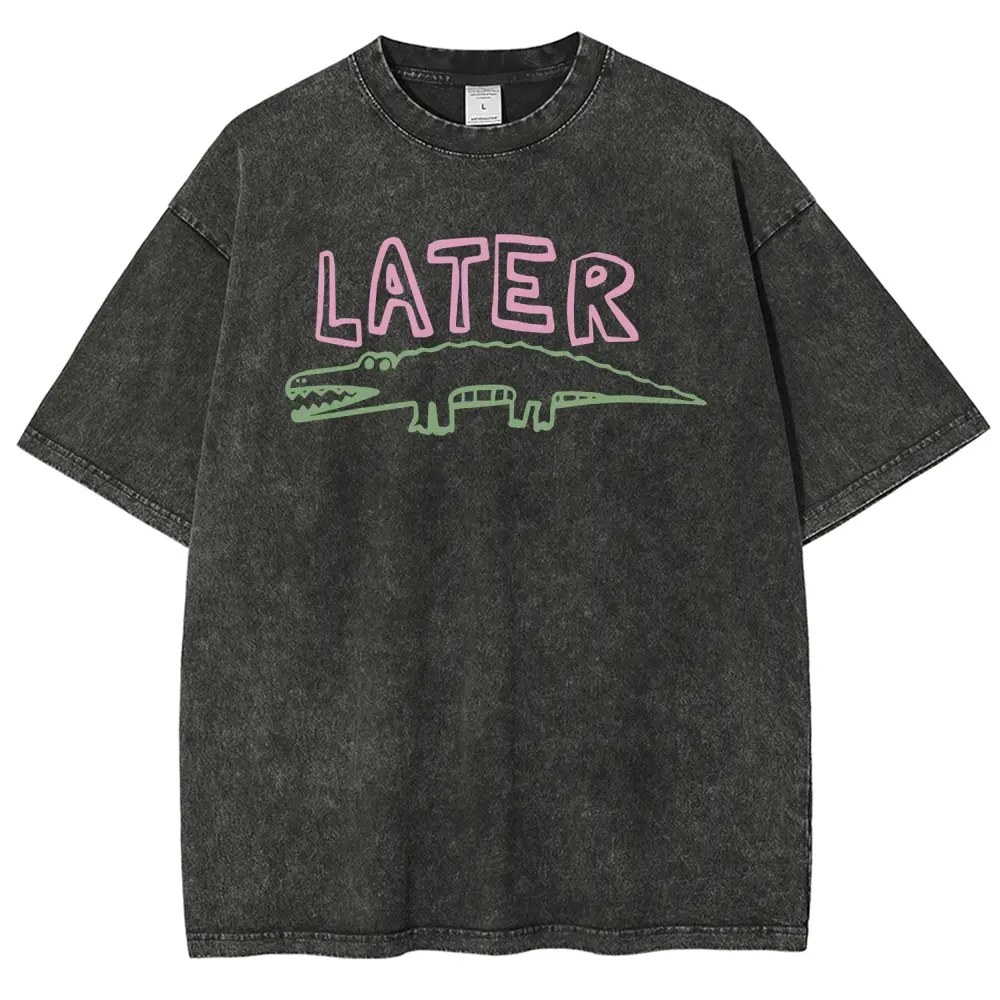 Unisex LATER Simple Line Cute Cartoon Alligator Graphict Washed T-Shirt Personalized Pattern Y2k Clothing Round Neck Washed T-Shirt,Women's Clothing 100% Cotton, Menswear, Top, Vintage Style,Summer Casual Oversized