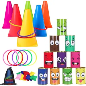 36PCS Carnival Games Combo Set 4-in-1 Bean Bag Toss Can Games Plastic Cone Ring Toss Game for Indoor Outdoor School Field Day Birthday Party Yard Game for Kids Adultsfidget toys