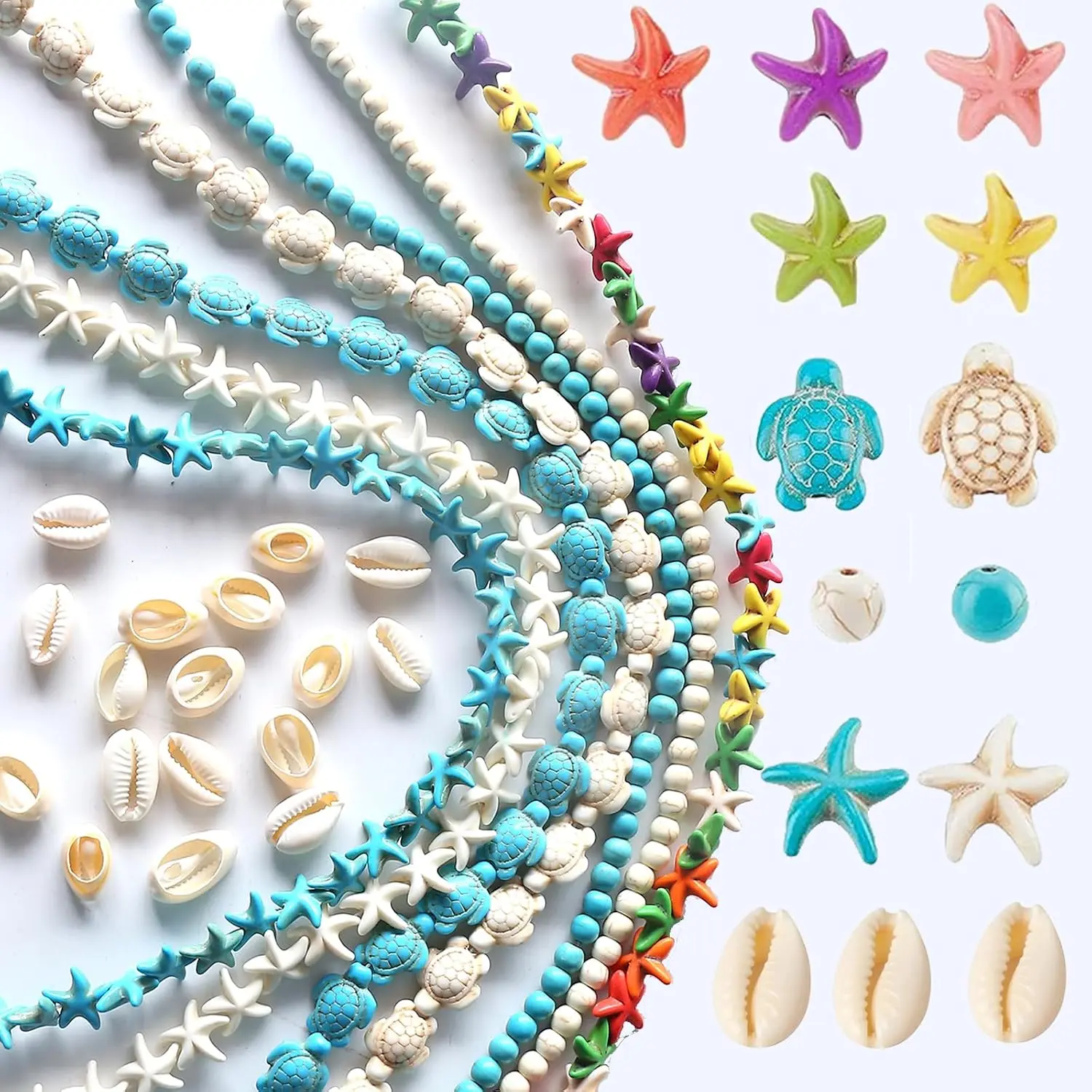 307 count Turquoise Sea Turtle Beads Blue and White Starfish Beads Tortoise Turtle Charms Summer   Spacer Bead for  Making DIY Bracelet Necklace(7 Strings)