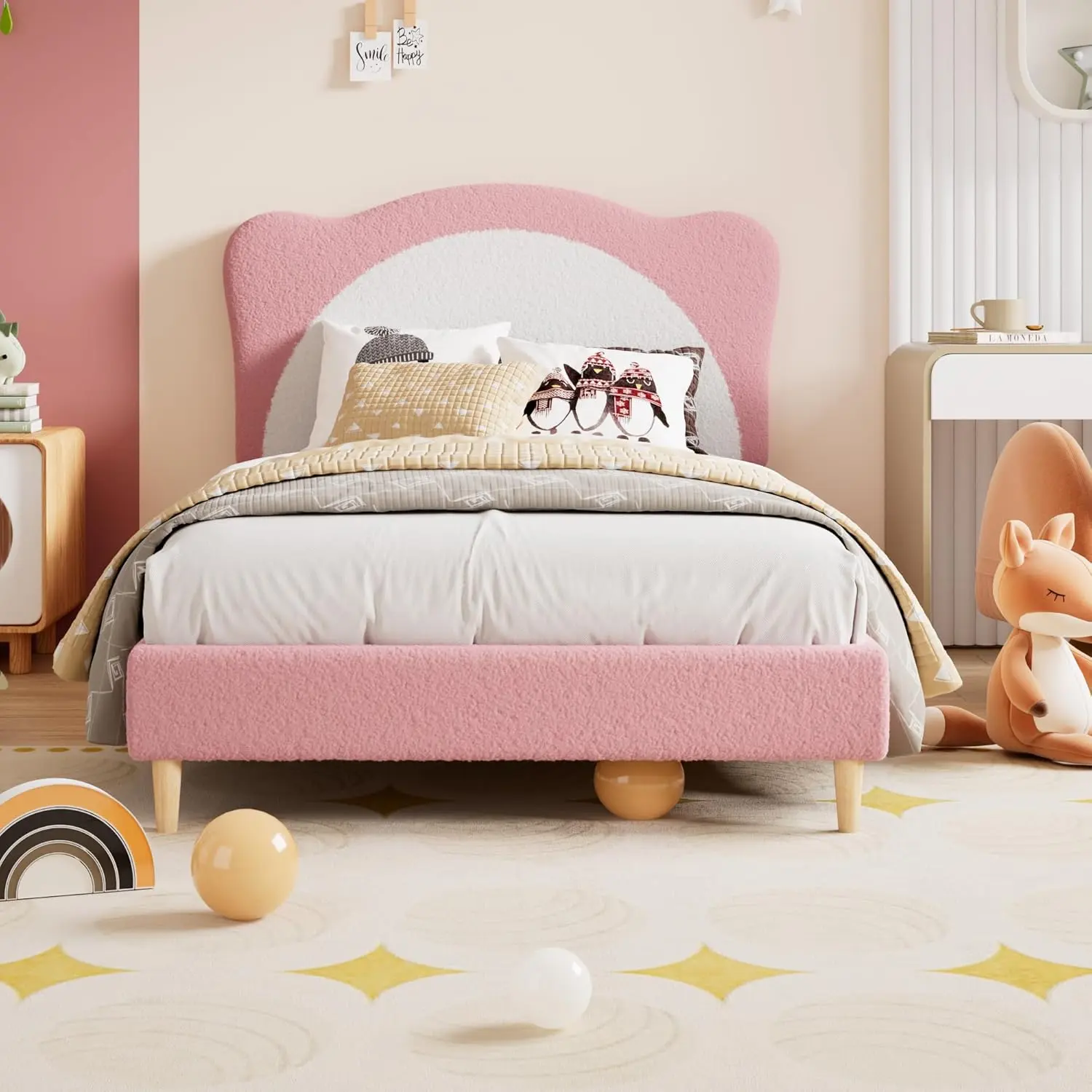Space Saving Kids Bed Frame with Under-Bed Storage, Sturdy Floor-Standing Panda Bed, Soft Fleece Upholstered Headboard