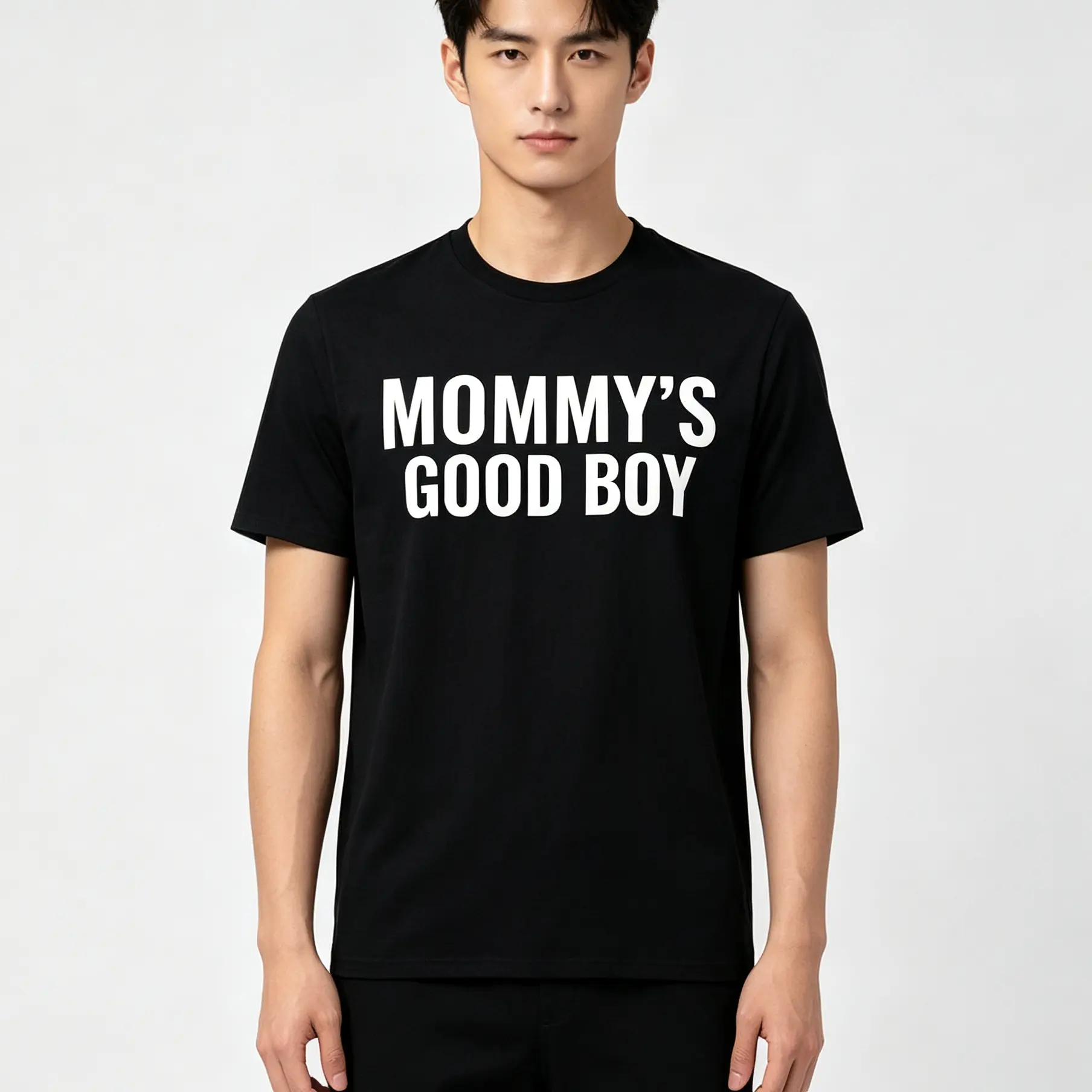 Men's Retro "Mommy's Good Boy" Graphic Short-Sleeve Oversized Round Neck T-Shirt, Black with White Print, Soft Breathable, All-Season Streetwear Clothing, Funny Casual Menswear Gift, Comfy Tops