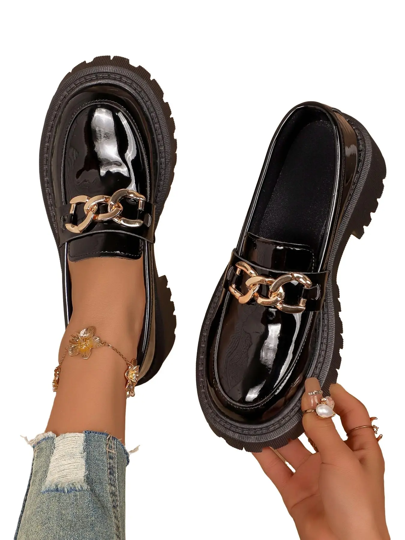 Shiny Chain Thick Sole Loafers, Slip-On Convenient Design, Commuter Campus Versatile Small Leather Shoes, Stylish and Practical Footwear