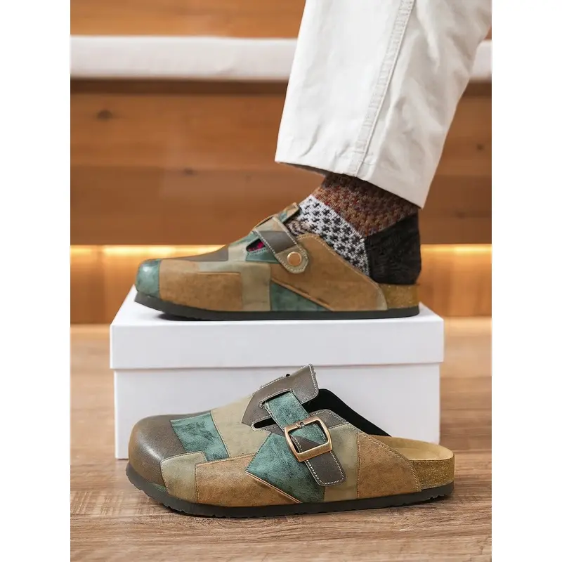 Unisex Buckle Round Toe Clogs, Patchwork Bohemian Flat Sandals, Durable All Season Slippers for Indoor Outdoor Daily Use