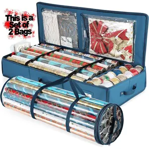 Wrapping Paper Storage Container and Clear Wrap Paper Holder - Christmas Storage Bag with Interior Pockets - Fits Up to 36 Rolls of 40" - Tear Proof, Blue