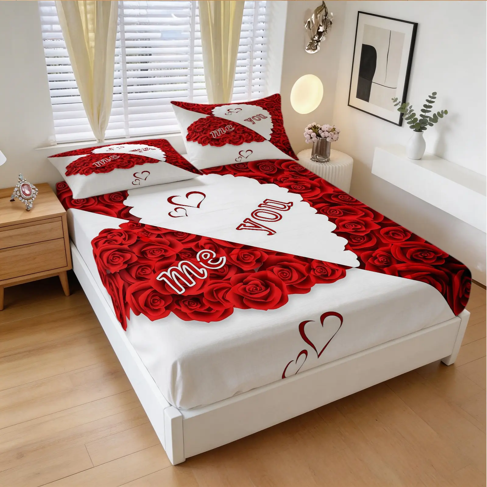 3-Piece Rose Heart Pattern Fitted Sheet Set, Soft And Comfortable Bedding Set, Including 1 Sheet And 2 Pillowcases (Pillow Inserts Not Included), Suitable For Teenagers And Adults, Bedroom, Apartment, Dormitory Scene