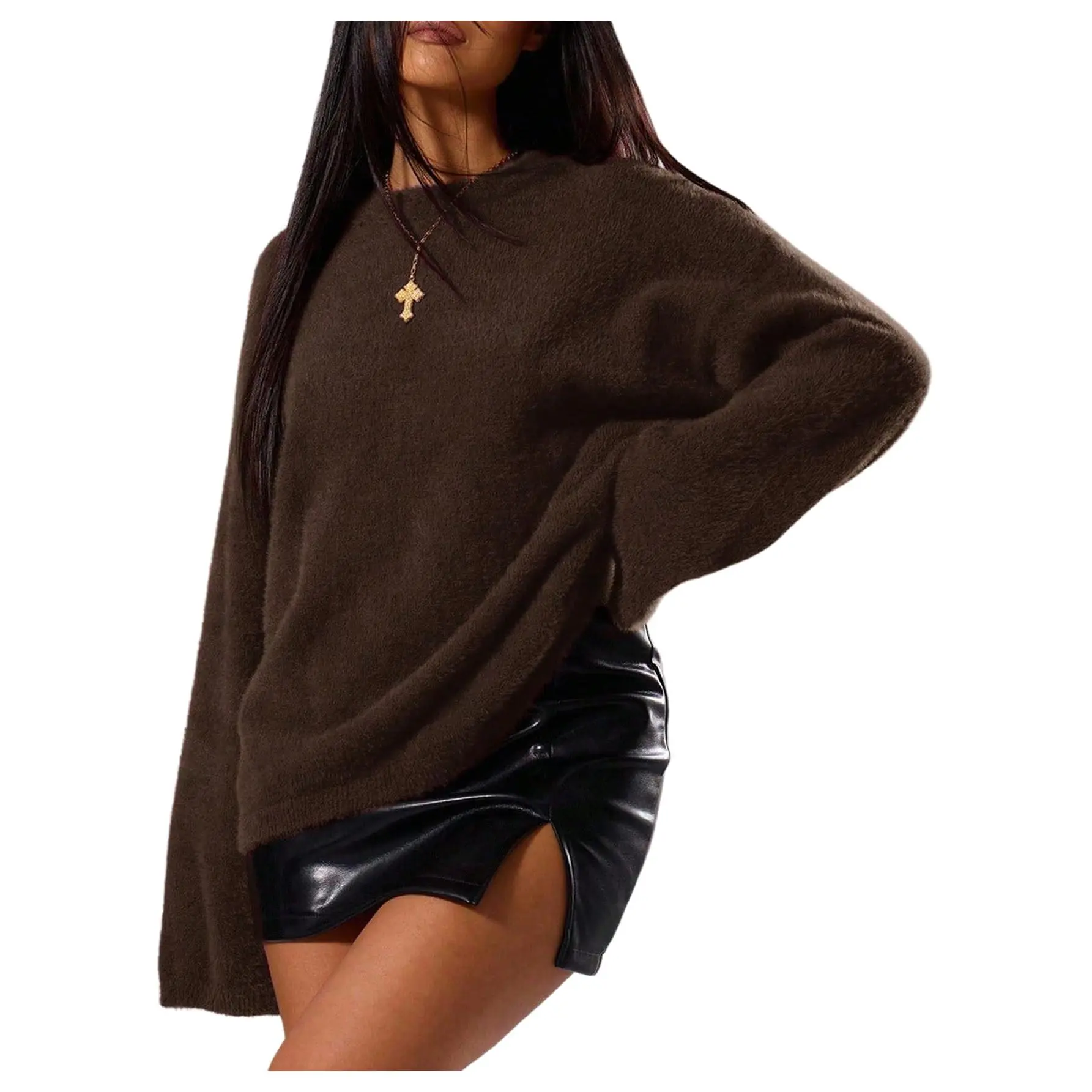 Oversized Sweaters Crew Neck Long Sleeve Jumper Fuzzy Knit Pullover Tops
