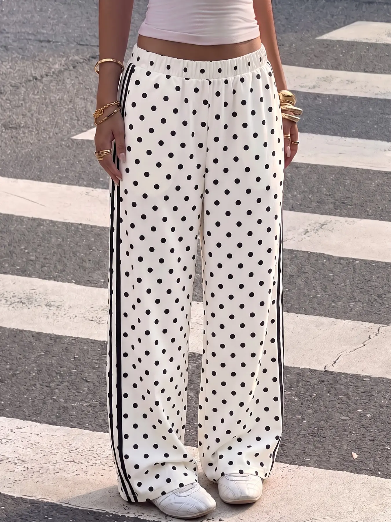 Polka Dot Side Striped Wide Leg Casual Pants, Elastic High Waist Loose Straight Trousers For Women Street Daily Outfit