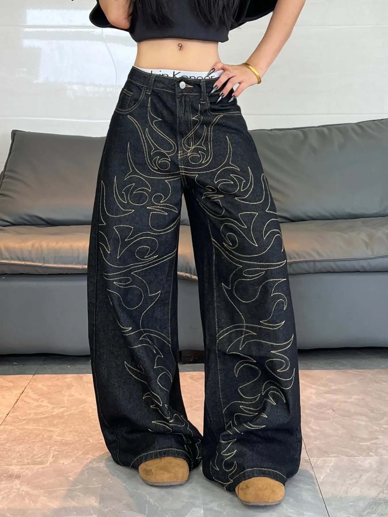 New Retro Flame Pattern Embroidered Jeans for Women, High Waist Loose Wide Leg Streetwear Long Pants, All Seasons, No Belt Included