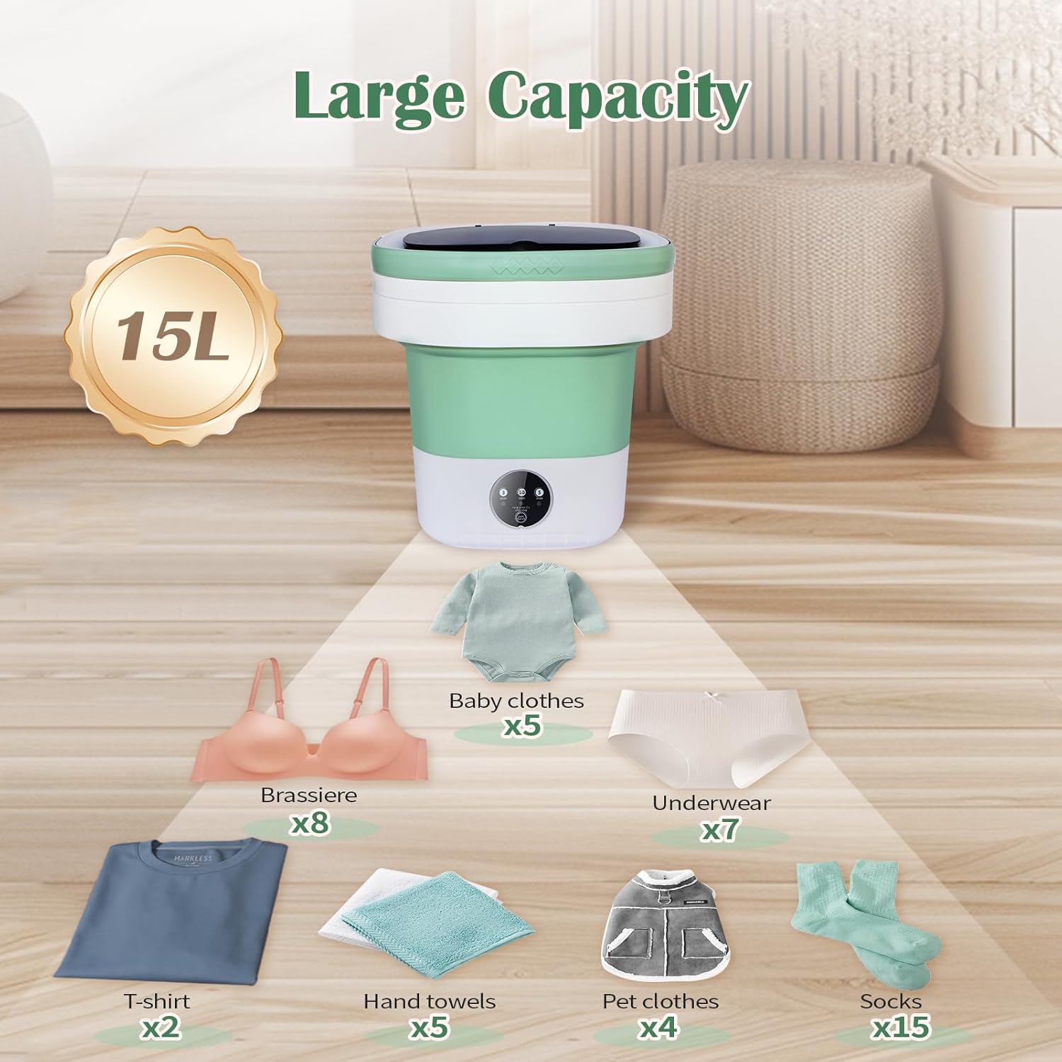 15L Large Capacity Portable Washing Machine One Touch Quiet Mini Washer for Baby Clothes Apartments