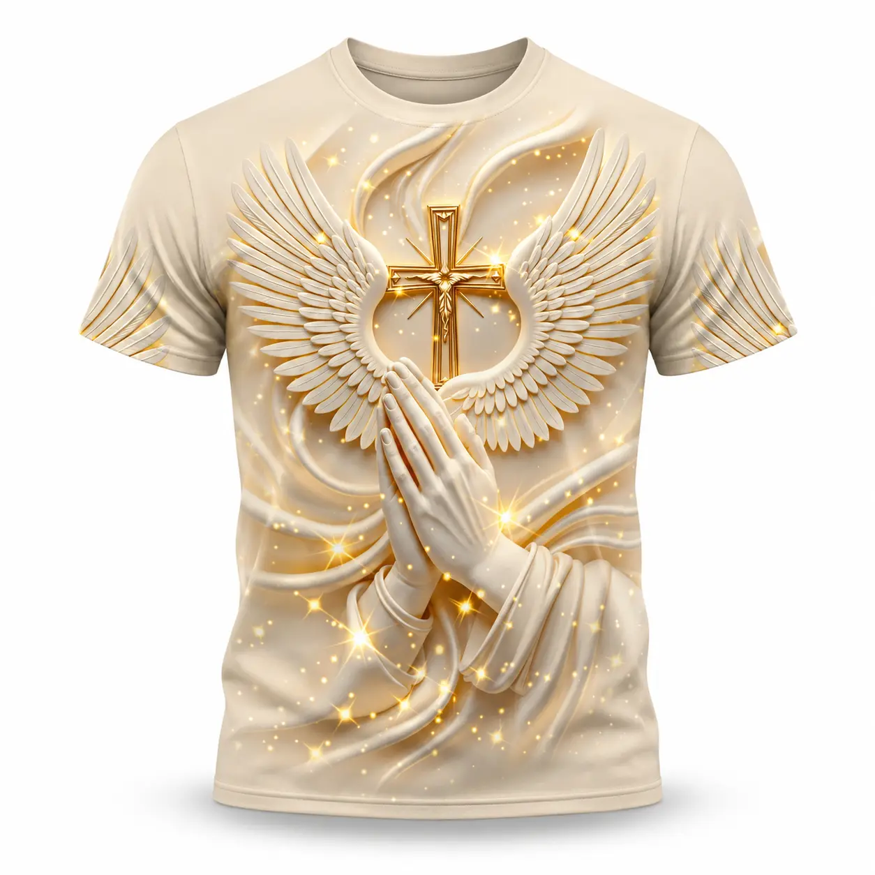 Men's Angel Wings Cross 3D Graphic T-Shirt, Casual Slim Fit Religious Short Sleeve Streetwear Top for Summer, Menswear, Shortsleeve, Tshirt, Angel Wing Motif, Full Overprint, Hd Graphic Print, Slim-Fit Cut, Machine Wash Ok