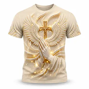 Men's Religious Prayer Angel Wings Cross 3D High Definition Graphic Print T-Shirt, Round Neck Short Sleeve  Summer Streetwear Tee