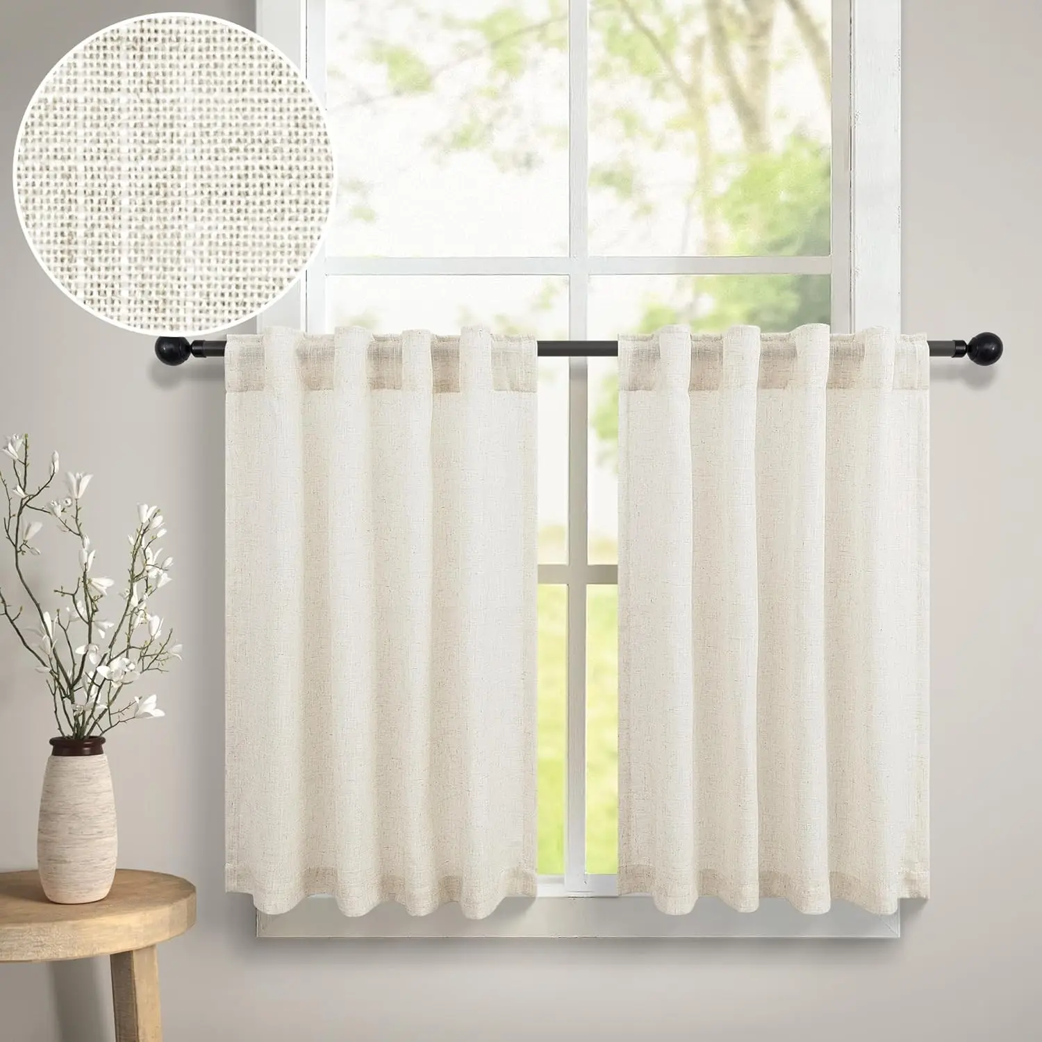 Cream Ivory 2-Tier Linen Kitchen Curtain Set, 30"x36" 36-Inch Length Back Tab Pocket, Light Filtering Glare Control Non-See-Through Window Decor for Living Room Small Windows