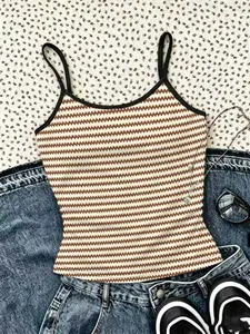 1Pc Brown Cream Tiny Stripe Print Girls Crop Cami Top, Black Trim Adjustable Spaghetti Strap Preppy Coquette Kids Summer Daily Casual Outfit