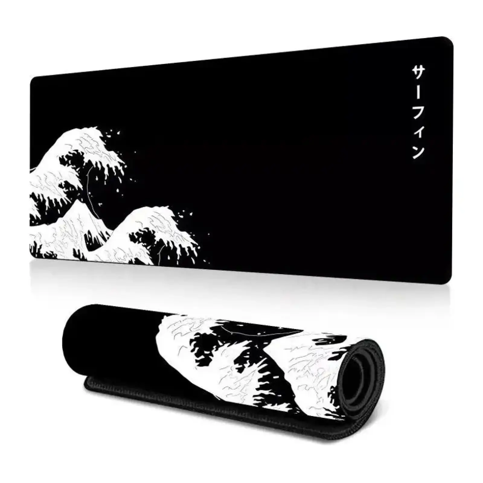 Large Extended Rectangular Black White Japanese Great Wave Gaming Mouse Pad - Diatom Mud Base, Fabric Top, Stylish Desk Decor, Aesthetic Office Computer Accessories