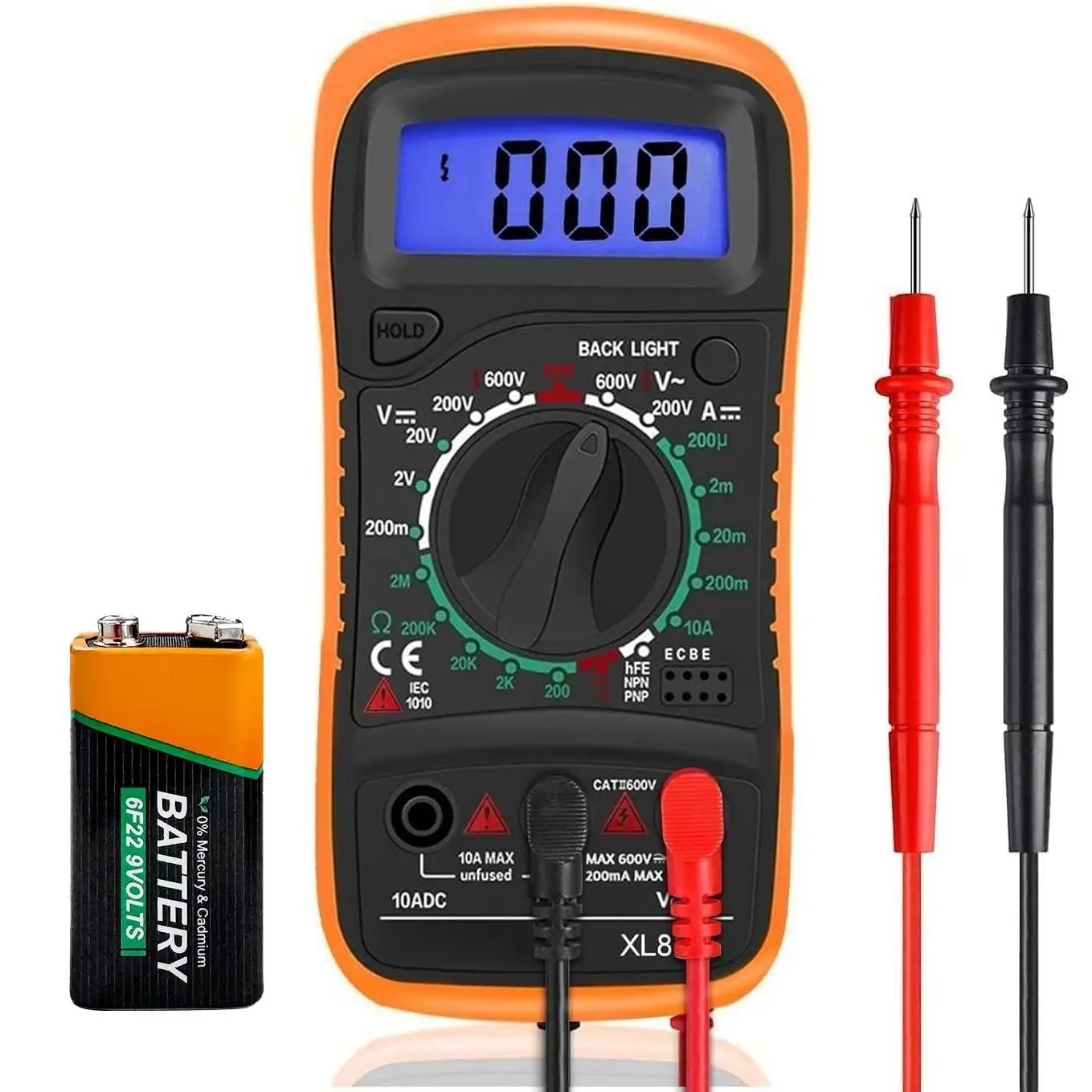 Digital Multimeter Voltmeter   Multi Tester Continuity Ohm  Amp DC AC Current Resistance Diodes 2000 Counts Electrical Test Meter with Leads Backlight LCD Display
