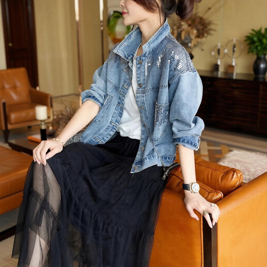 2026 Women's Sequined Denim Jacket Spring and Autumn Denim Coat Women's Jacket