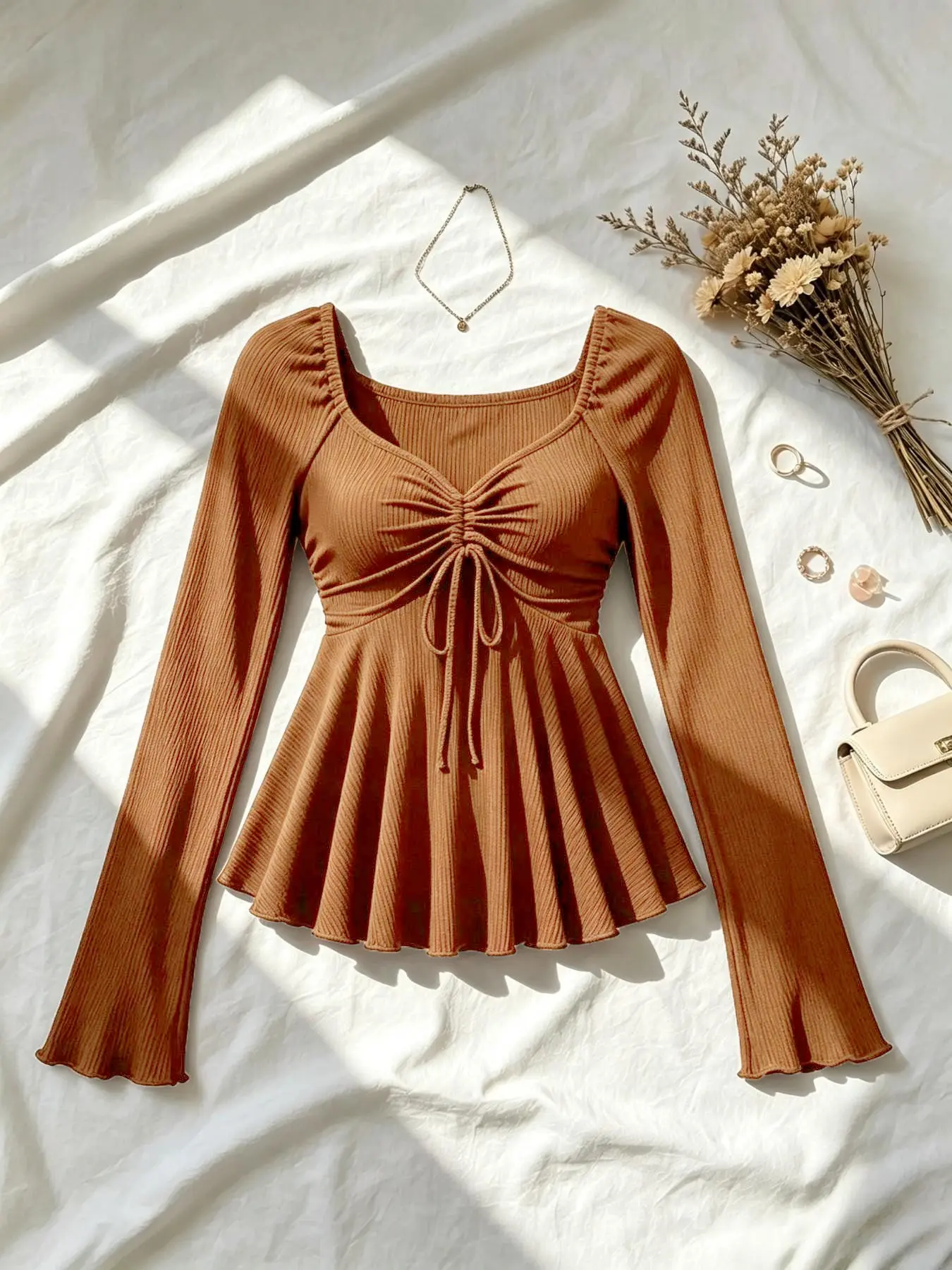 【Plus Size】 Solid Bow Decor Thumb Hole Curved Hem Tee, Plus Casual Chic Long Sleeve T-shirt for Daily Wear, Women Plus Clothing for Fall & Winter, Top, Fit