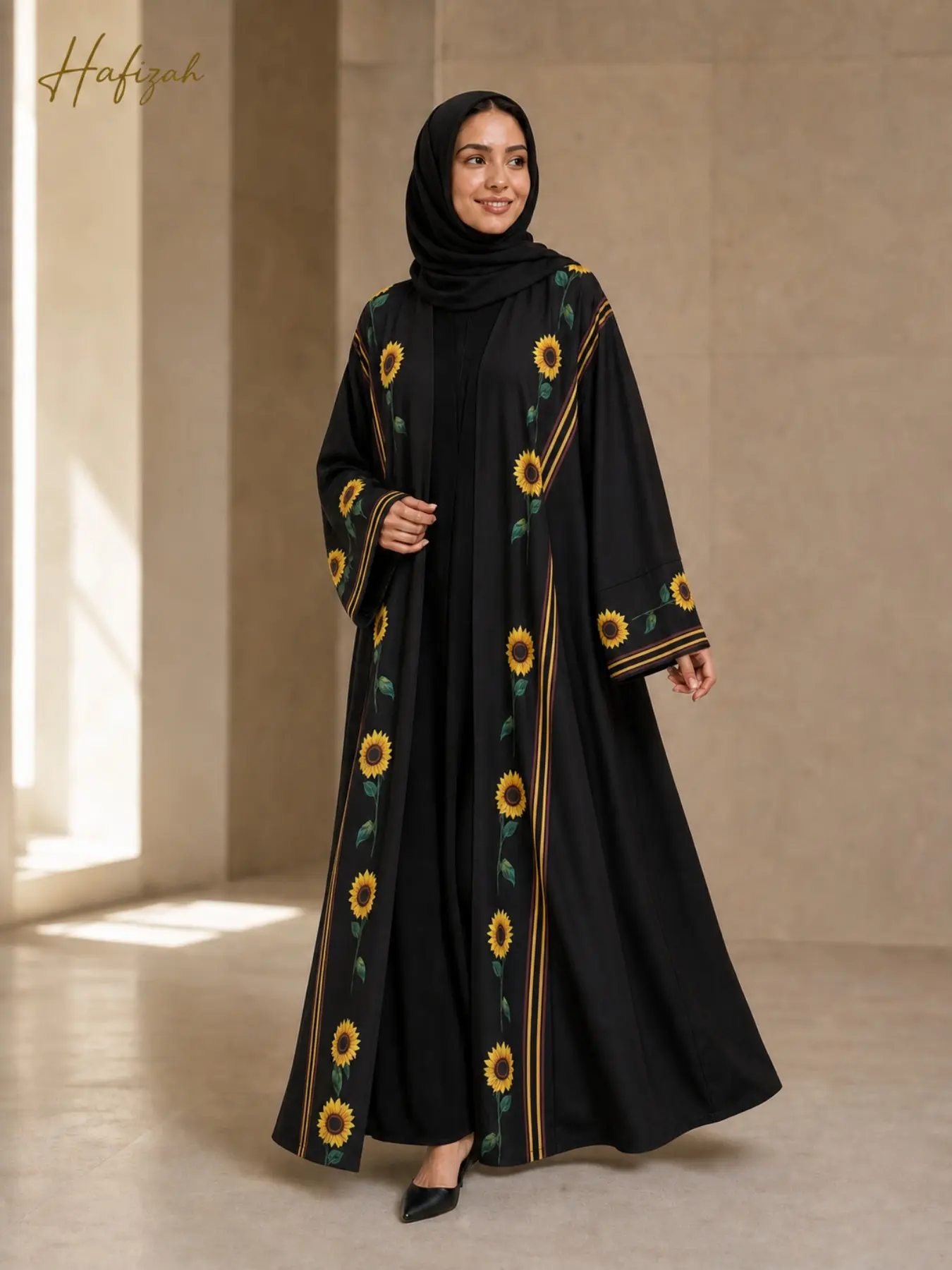 Women's Sunflower Print Abaya Robe, Stripes, Loose Long Sleeve Muslim Dress, Dubai Style Eid Elegant Wear