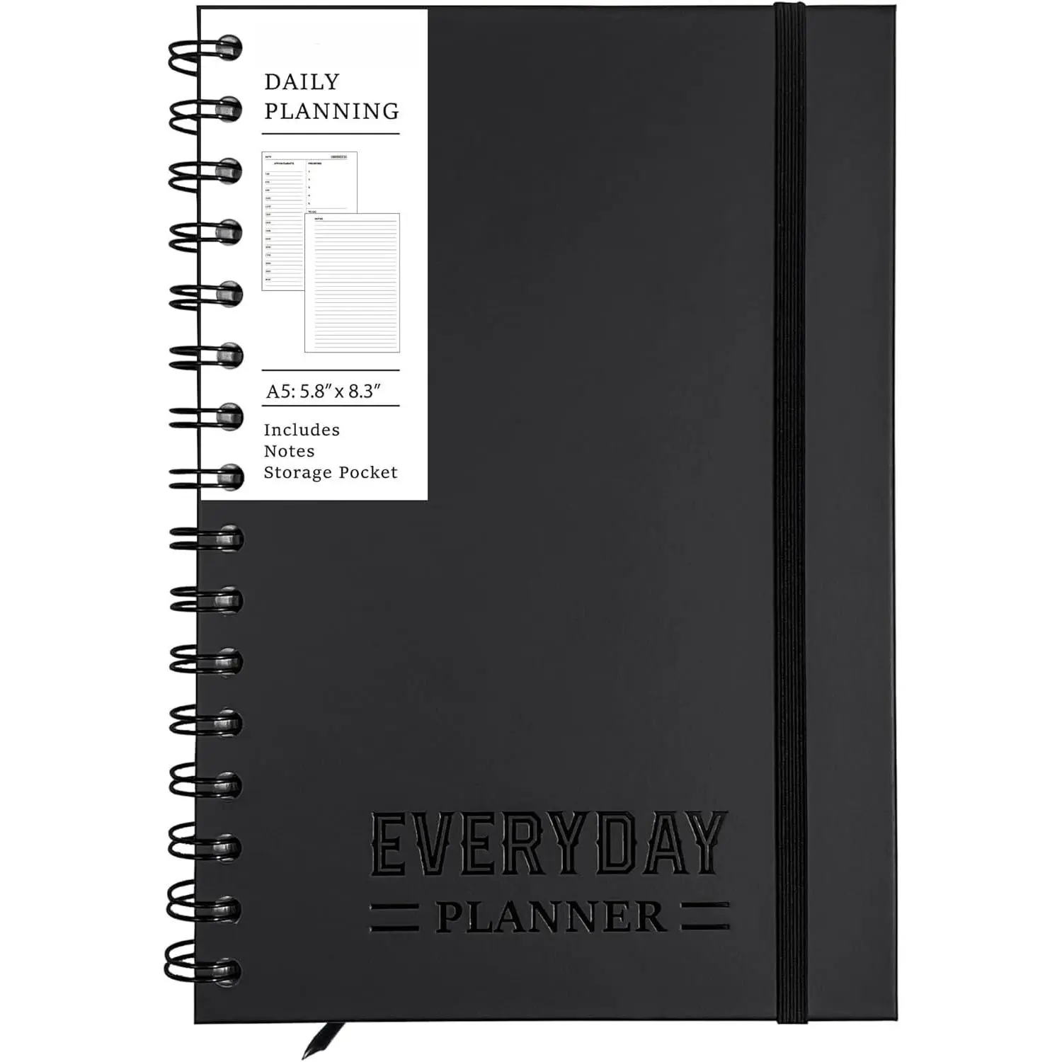 Undated Daily Planner Notebook With Hourly Schedule - Hardcover Appointment Day  Notebook for Women & Men - A5(5.7" x 8.3") Spiral Black