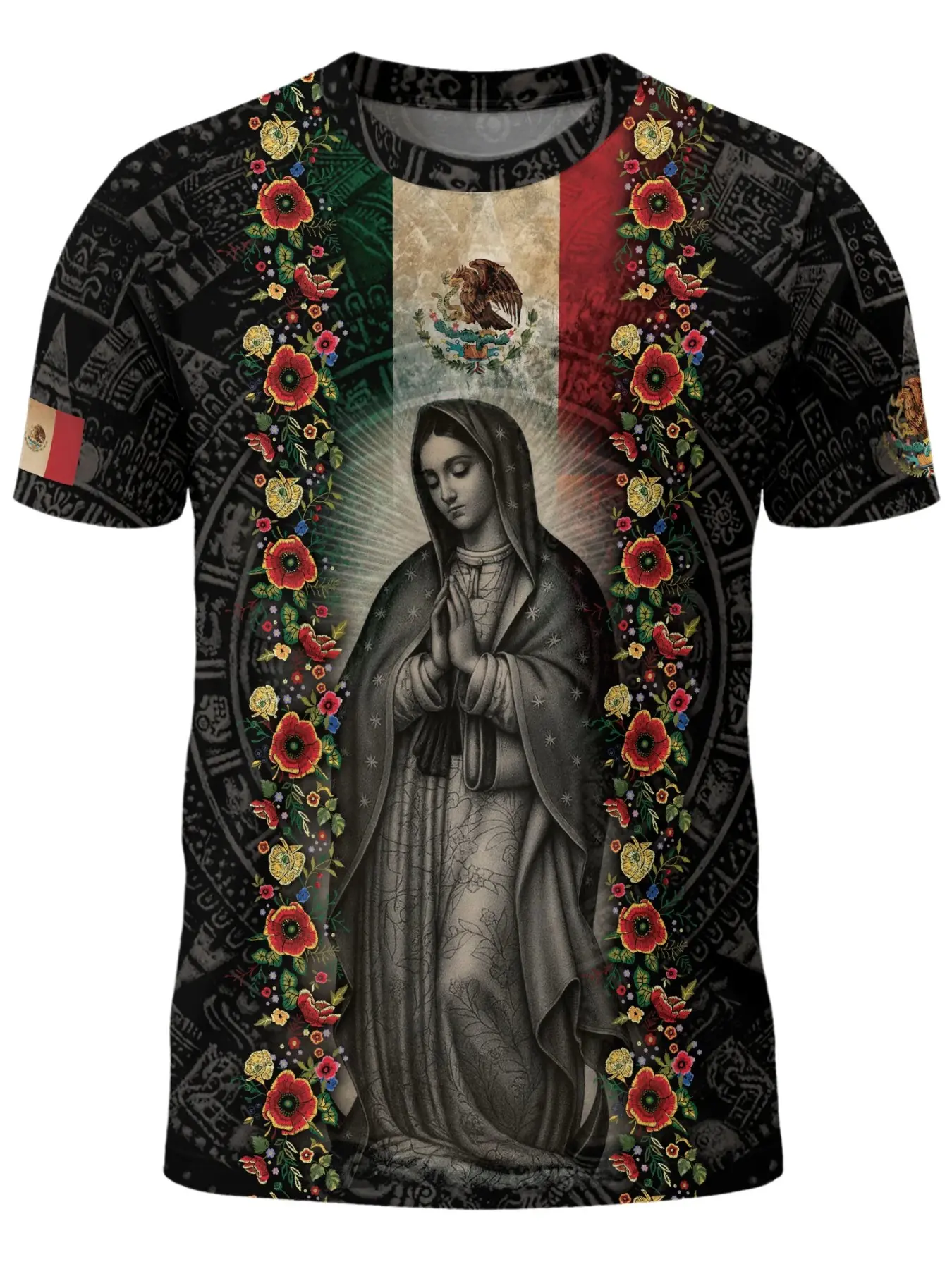 Men's Round Neck Short Sleeve T-Shirt Top, Mexican Print, Aztec Totem Details, Vintage Floral Design, Loose Fit, Casual Style, All Seasons, Streetwear