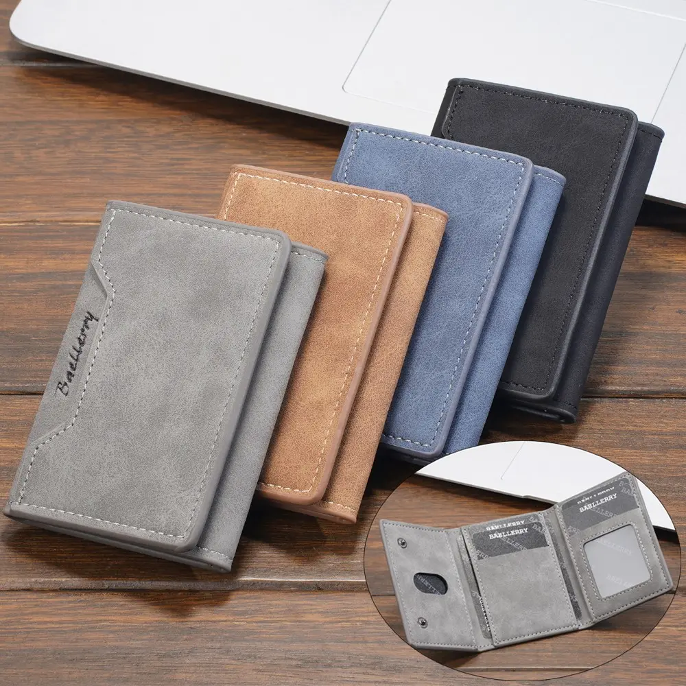 Men Trifold Short Wallet Vintage Frosted Multi‑Card Slots Holder with Clear ID Window, Snap Button Small Pocket Storage Purse for Daily Business Use