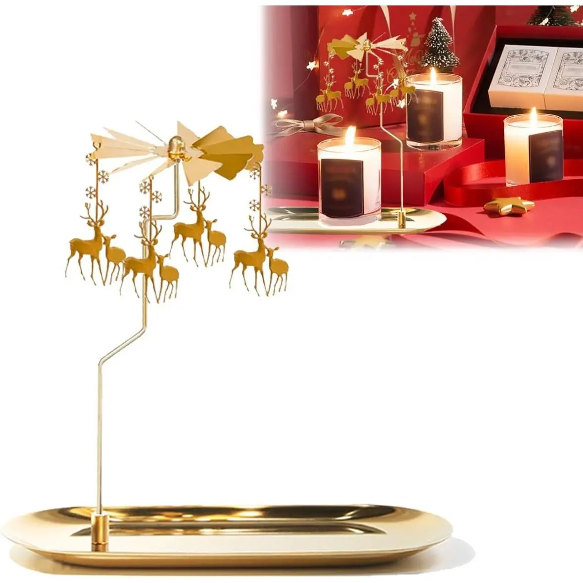Christmas Spinning Candle Holder,Deer Rotating Candlestick Set for Candle Lover, Romantic Wedding, Christmas Party, Fireplace Decor, Home Table Decorations, Holiday Favor Gift(Golden)