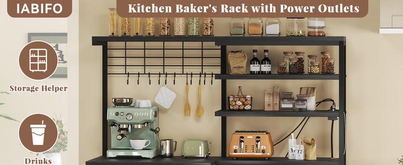 L-Shaped Bakers Rack with Power Outlet, 6-Tier Microwave Stand with Open Storage, Kitchen Shelf with Hooks, Coffee Bar with Wire Basket, White