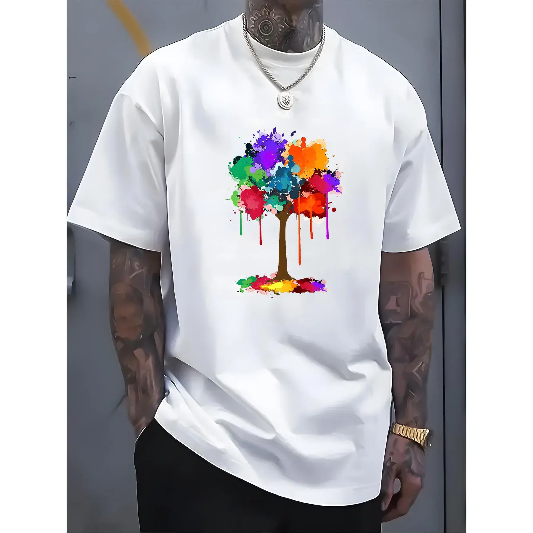 Full of Vibrant Tree Pattern Printed Round Neck Short Sleeved T-Shirt Top | Comfortable and Breathable Fabric, Casual Sports Style, Perfect for All-Season, Ideal for Birthday and Holiday Gifts