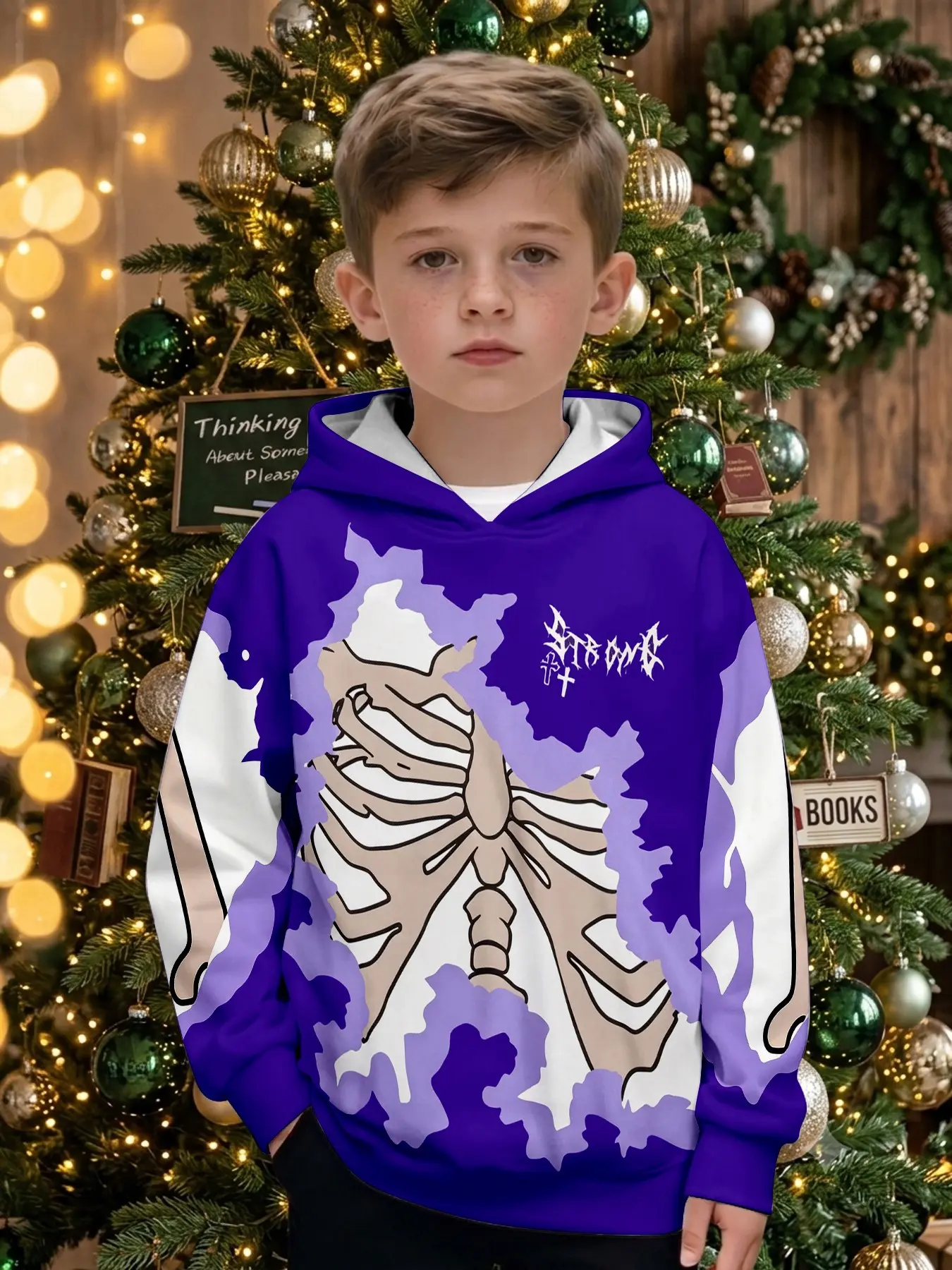 Skull Print Hoodie for Boys, Street Style Long Sleeve Sweatshirt, Perfect for Outdoor Activities, Ideal Christmas Gift