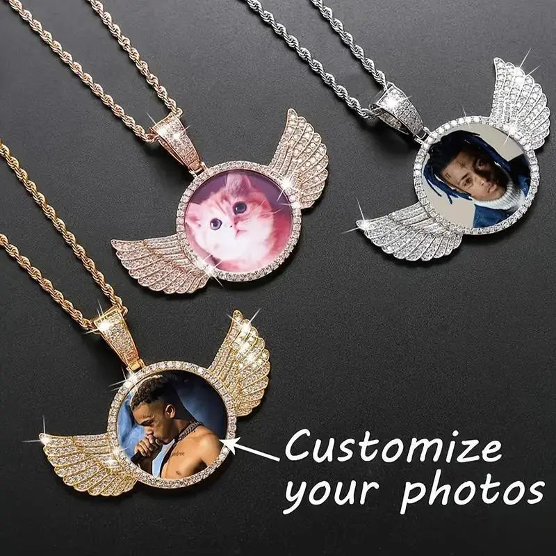 2025 Valentine's Day Family Heirloom Quality Personalized Photo Pendant Necklace with Rhinestone Wing Frame, Customizable Chain Jewelry Gift for Women