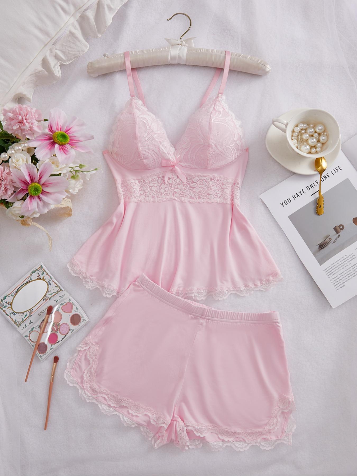 Women's Solid Color Lace Trim Cami Top & Shorts Pyjama Two-piece Set, Casual Comfy Soft Camisole & Shorts PJ Set Pajamas, Women's Sleepwear & Loungewear Homewear for All Seasons, Lingerie Women's Solid Color Lace Trim Cami Top & Shorts Pyjama Two-piece Set, Casual Comfy Soft Camisole & Shorts PJ Set Pajamas, Women's Sleepwear & Loungewear Homewear for All Seasons, Lingerie