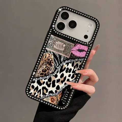 Luxury Animal Print Rhinestone Transparent Black Full-Cover Lightweight Non-Slip Durable 1pcs Personalized Protection Phone Case for iPhone 18 Pro Max, 17 Series, 16 Series, 15 Devices - INS Style, Y2K Style High-End Mobile Accessory