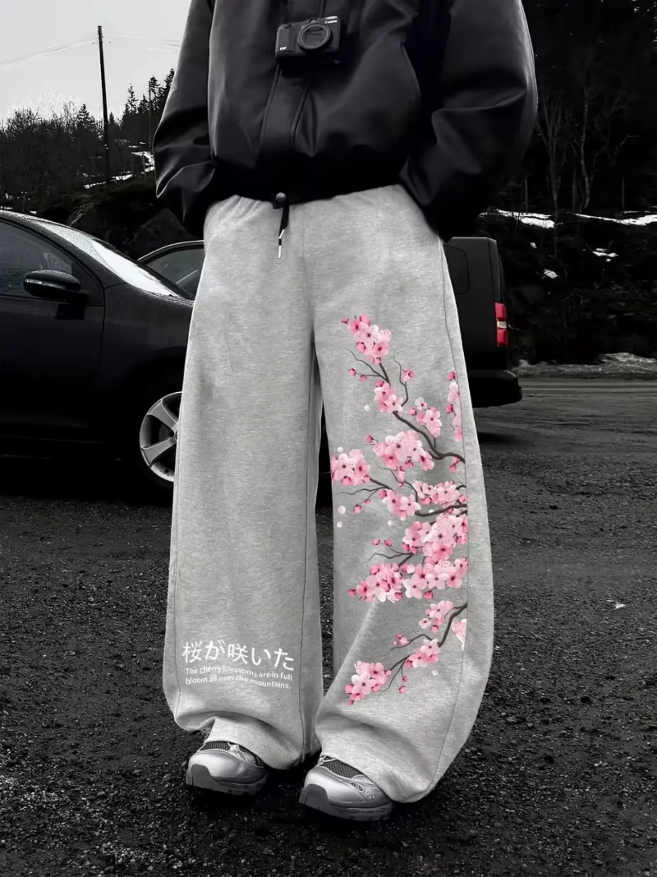 Men's Grey Elastic Waist Drawstring Wide Leg Oversized Sweatpants Pink Cherry Blossom Floral Graphic Loose Fit Baggy Joggers Perfect For Daily Commute Weekend Errands Casual Wear Casual Loose Comfy