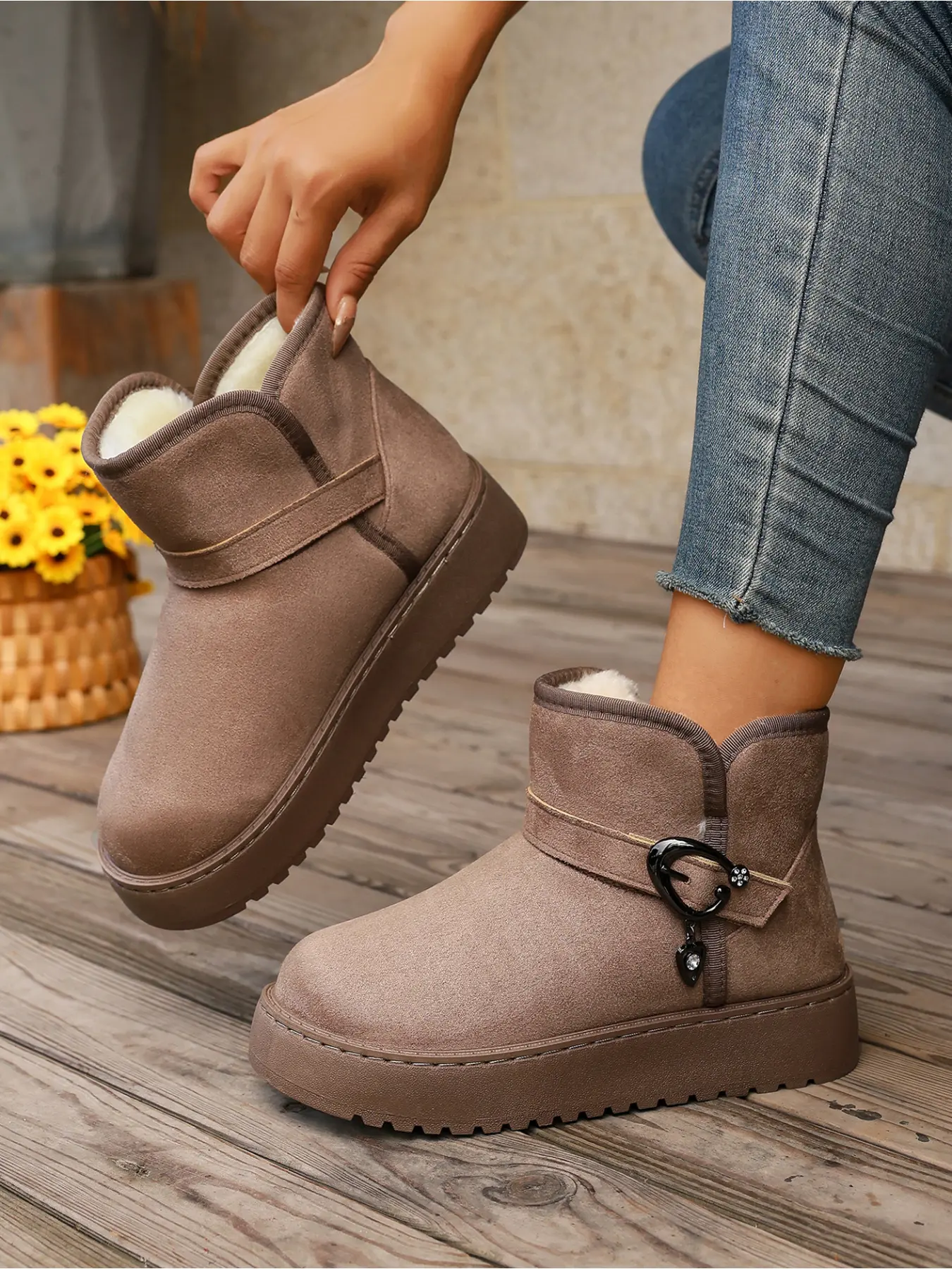 Casual Strap Rhinestone Buckle Platform Warm Snow Boots Serrated Anti Slip Outsole Indoor Outdoor Versatile Travel Daily Furry Winter Footwear For Women