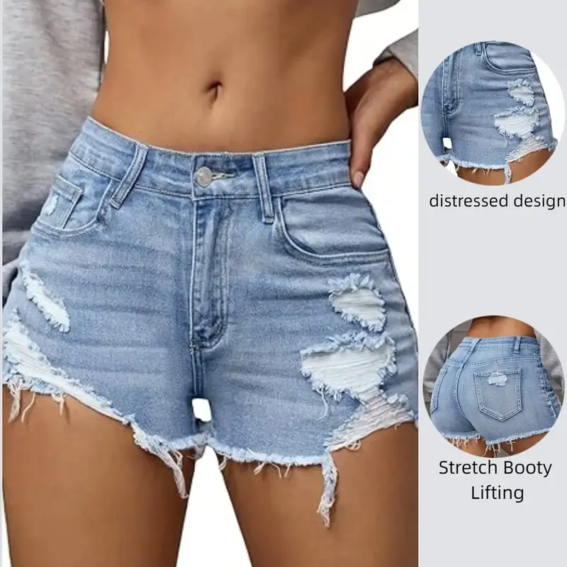 Emery Rose Y2K Style Ripped Raw Edge Denim Shorts, Frayed Denim Short, Fashion Unisex Clothing, Casual Wear, All Seasons, Plain Pattern #GLOBAL PICKS