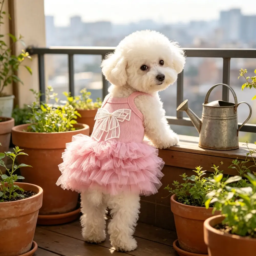 1PC Dog Princess Dress, Knit Sling Top with Lace Bow Ornament, Layered Fluffy Tulle Skirt, Soft Cute Pet Costume for Bichon Frise, Pomeranian, Teddy, Chihuahua, Kitten