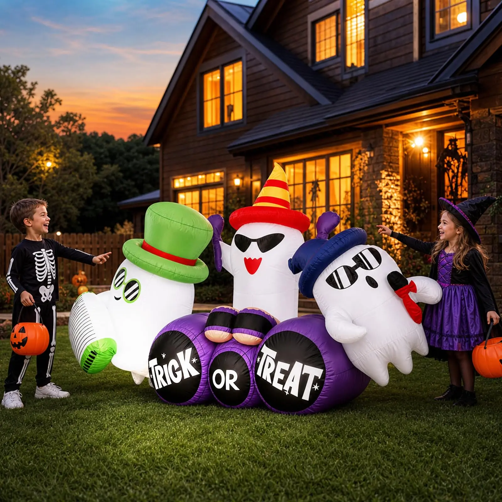 Garvee 240cm Inflatable Halloween Specter Trio with LED Lights – Outdoor Yard Decor for Lawn, Garden, Porch & Storefront – Includes Air Pump & Trick-or-Treat Base