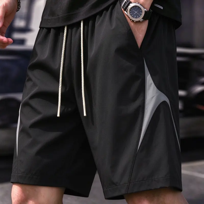 Men's Summer Colorblock Patchwork Gym Shorts, Drawstring Breathable Sports Shorts, Athleisure Casual Fitted Shorts, Trendy Workwear Style, Workout Exercise Shorts
