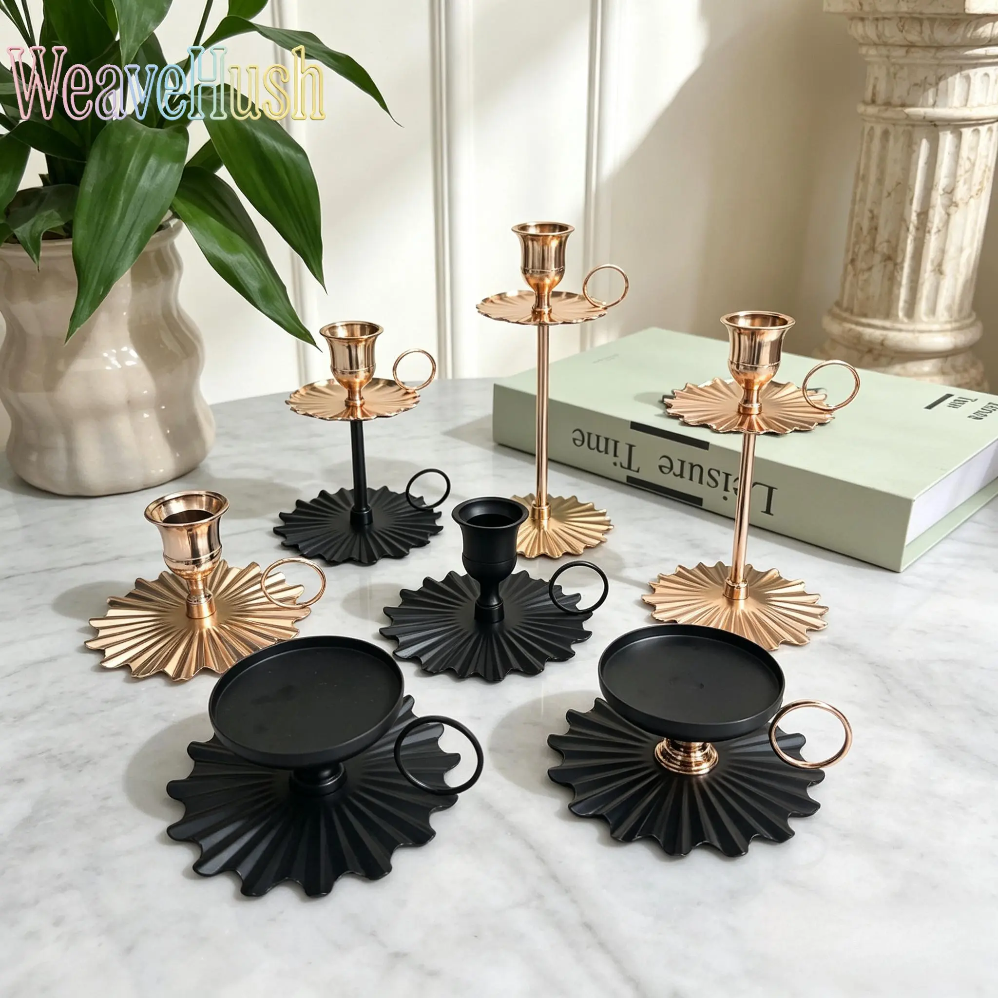 Vintage Metal Candle Holders With Wavy Base & Handle Ring, Assorted Height Taper Candlestick, Table Centerpiece Decor for Wedding, Dinner & Home Decor