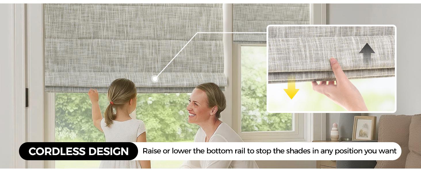 No Drill Cordless Roman Shades for Windows, 20" W * 64" H - 100% Blackout - Linen - Beige