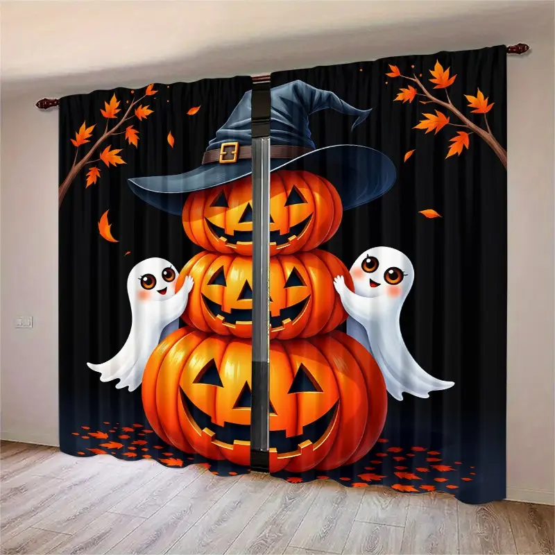 Halloween Theme Curtains, Polyester Curtain, Pumpkin Strawman Ghost Cartoon Design, Unique Halloween Decor Gift, Art Home Decoration for Bedroom Living Room Study