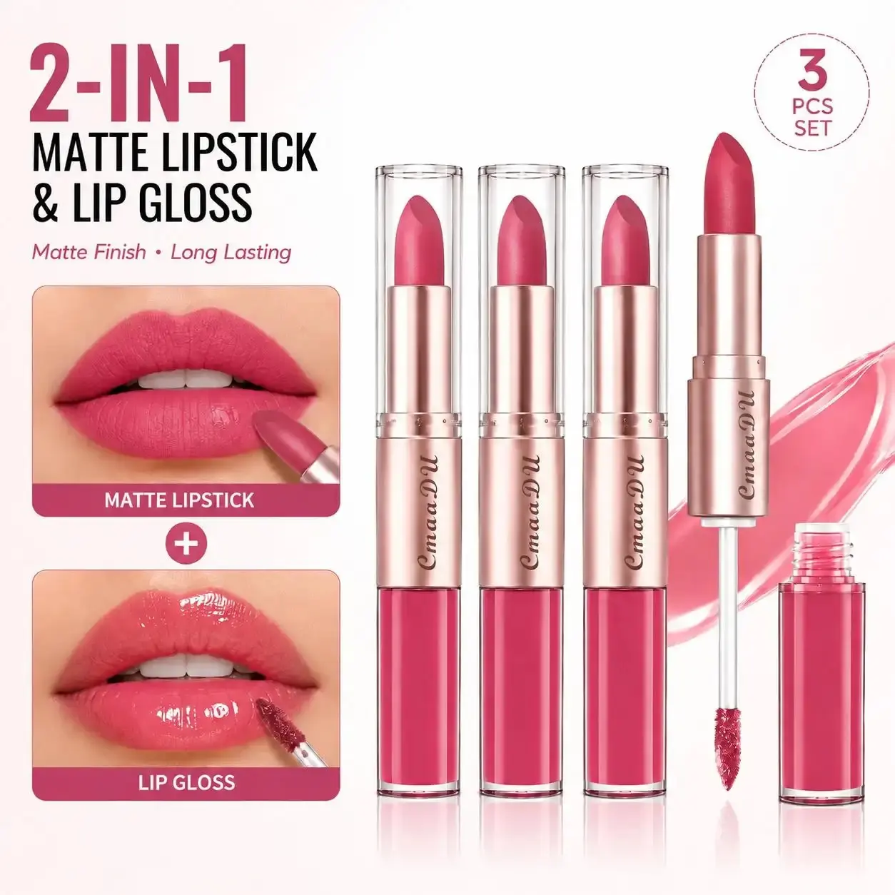 Women's 3PCS 2-in-1 Dual-Ended Matte/Gloss Lip Combo Kits, Long-Lasting Waterproof Transfer-Resistant Makeup, Applies Smoothly, Everyday Wear Lip Color Set Pack