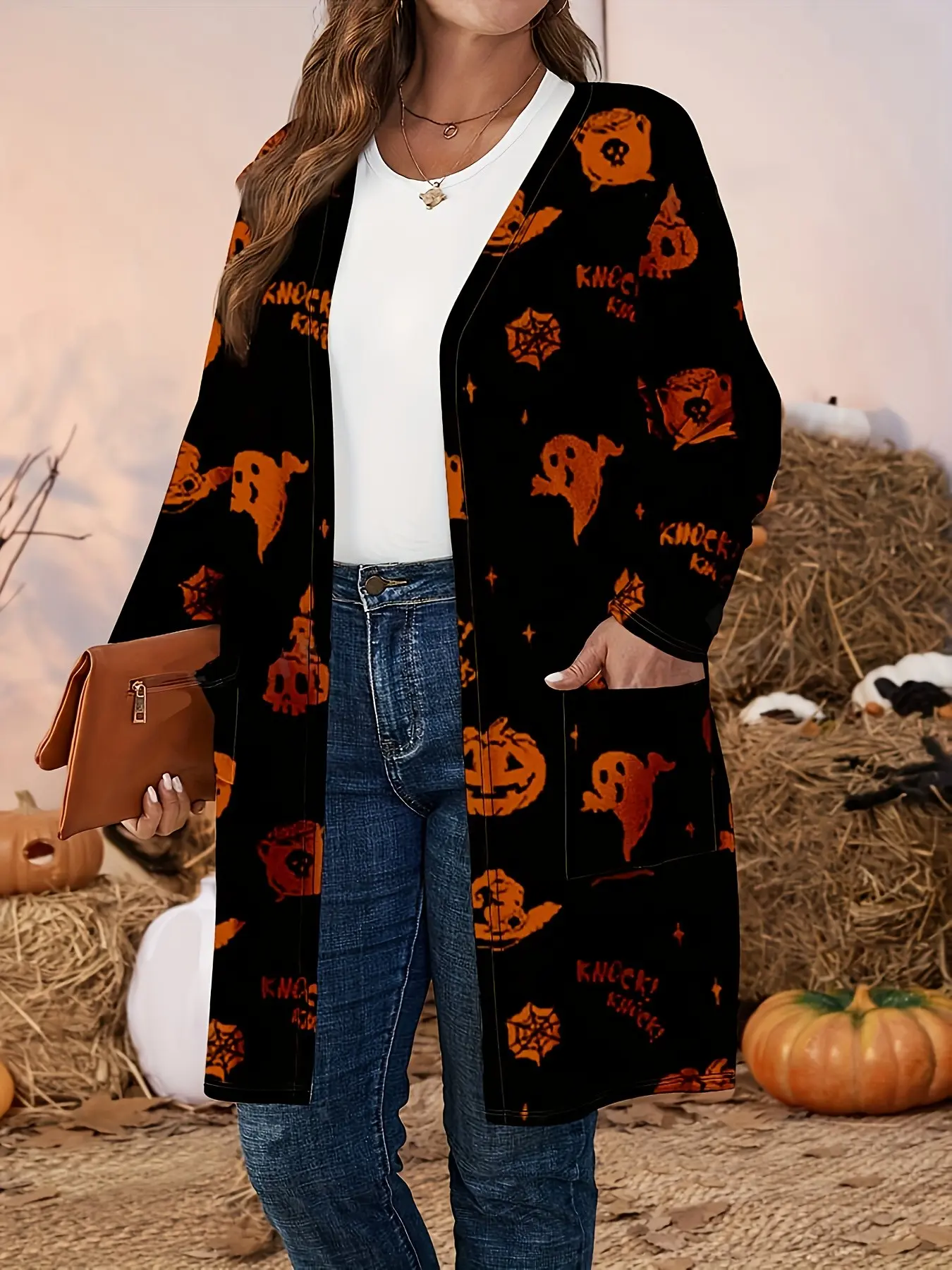 Plus Size Women's Halloween Pattern Loose Long Sleeve Cardigan, Lightweight Jacket for Fall Parties, Comfortable and Stylish Ly8727